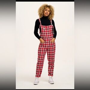 Lucy and Yak dungarees in scarlet tartan print